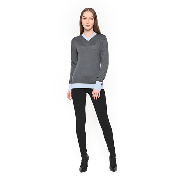 Ladies V Neck Sweater W Contrast Cuff