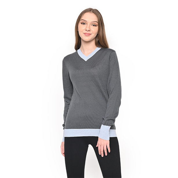 Ladies V Neck Sweater W Contrast Cuff