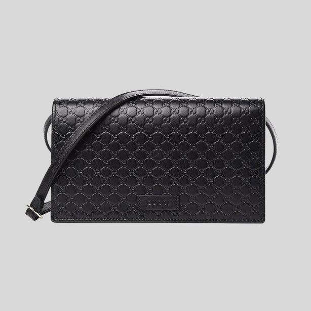 GUCCI Unisex Black Microguccissima GG Logo Leather Wallet On Strap Small Crossbody With Leather Logo Tab Black RS-466507