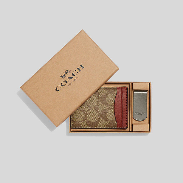 Coach Boxed 3 In 1 Card Case Gift Set In Colorblock Signature Canvas Khaki/Terracotta RS-CF341