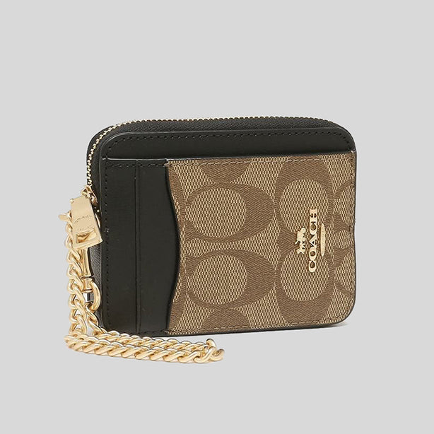 Coach Zip Card Case In Blocked Signature Canvas Khaki Brown Multi RS-C1885