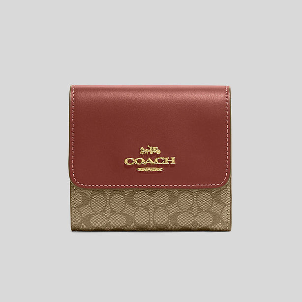 Coach Small Trifold Wallet In Colorblock Signature Canvas Khaki Terracotta RS-CF369