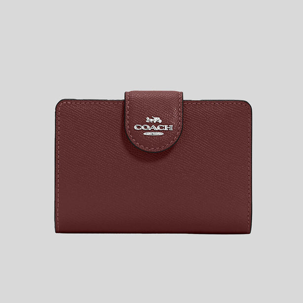 Coach Medium Corner Zip Wallet In Crossgrain Leather Wine Silver Hardware RS-6390