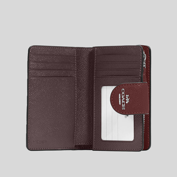 Coach Medium Corner Zip Wallet In Crossgrain Leather Wine Silver Hardware RS-6390