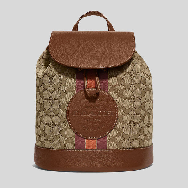 Coach Dempsey Drawstring Backpack In Signature Jacquard With Stripe And Coach Patch Khaki Saddle RS-CE601