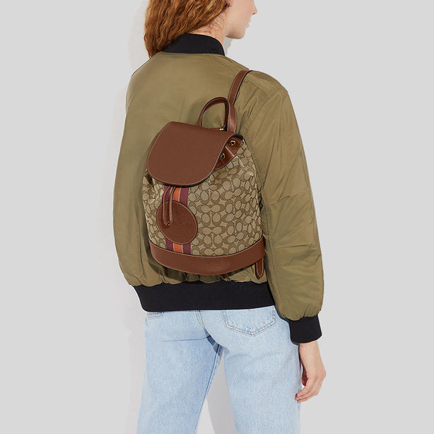 Coach Dempsey Drawstring Backpack In Signature Jacquard With Stripe And Coach Patch Khaki Saddle RS-CE601