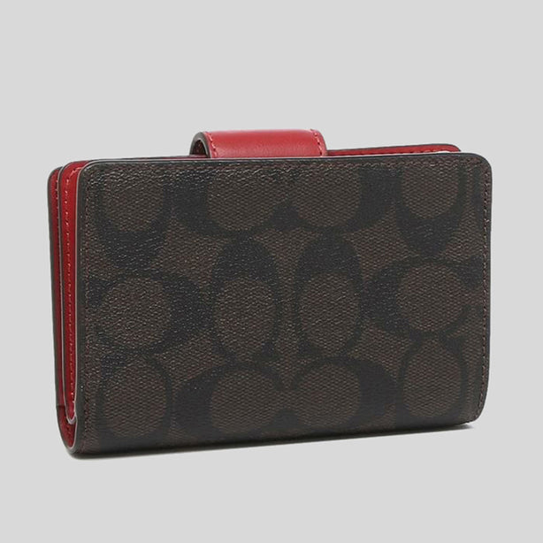 Coach Medium Corner Zip Wallet In Signature Canvas Dark Brown Red RS-C0082