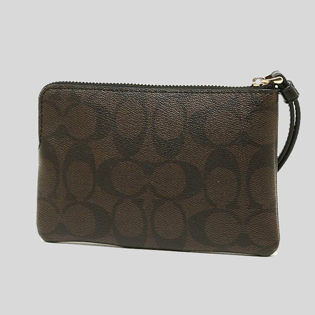 Coach Corner Zip Wristlet In Signature Canvas Brown Black RS 58035