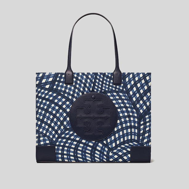 Tory Burch Ella Printed Tote Bag Navy Warped Gingham RS 145610