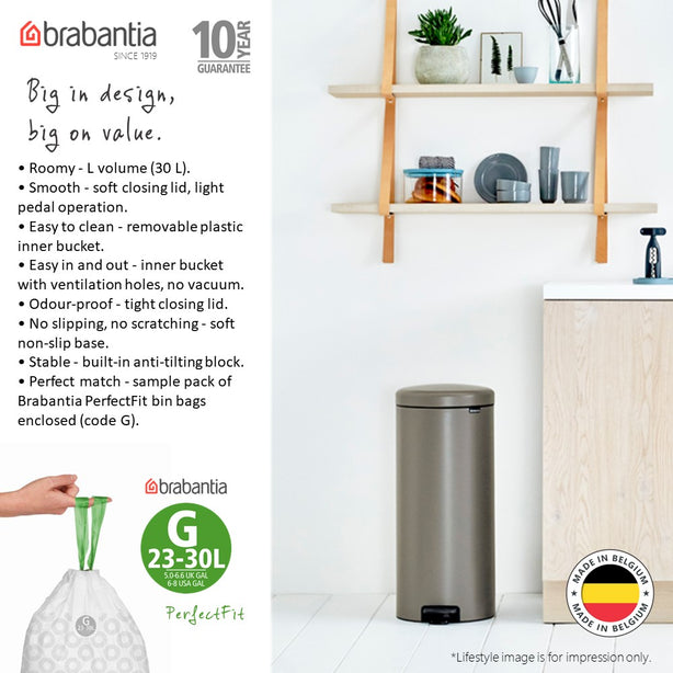 Brabantia NewIcon Soft Closing Pedal Bin L, Plastic Inner Bucket, 30 L