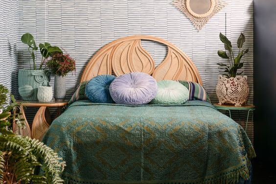 Artistic Natural Leaf Rattan Queen Headboard