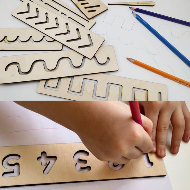 StitchesandTweed Montessori Wooden Pre Writing Stencils for Kids Learning to Write