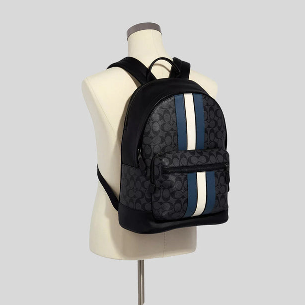 COACH West Backpack In Signature Canvas With Varsity Stripe Charcoal D Robinsons Singapore