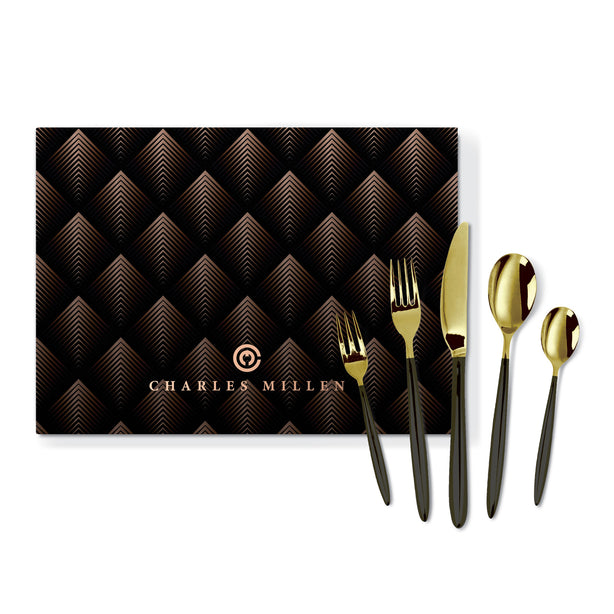 Charles Millen Signature Collection Adelia 20 Piece Cutlery Set, Gold Mirror Finish With Black Handle