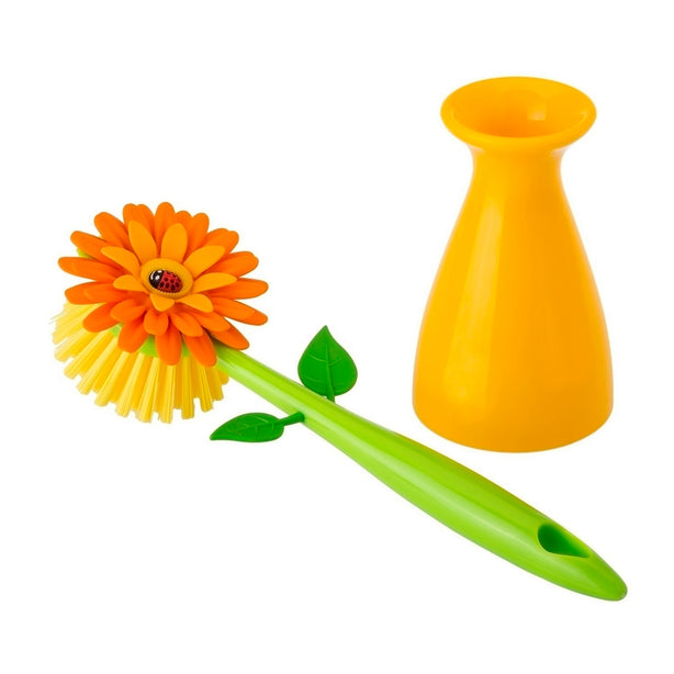 Vigar Flower Power Dish Brush With Vase (Pink or Orange Colour)