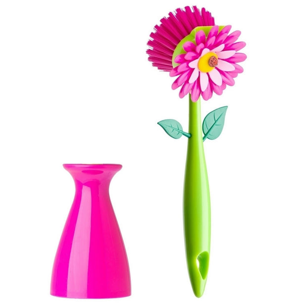 Vigar Flower Power Dish Brush With Vase (Pink or Orange Colour)