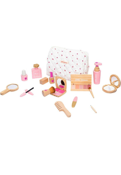 StitchesandTweed Wooden Beauty Salon Toys for Girls Makeup Playset 12 Piece Kit with Makeup, Brush, Mirror and Cosmetics Case