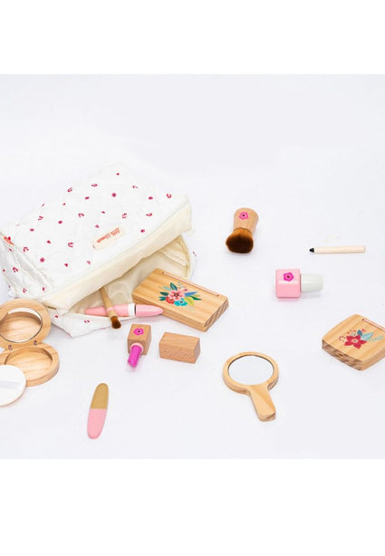 StitchesandTweed Wooden Beauty Salon Toys for Girls Makeup Playset 12 Piece Kit with Makeup, Brush, Mirror and Cosmetics Case