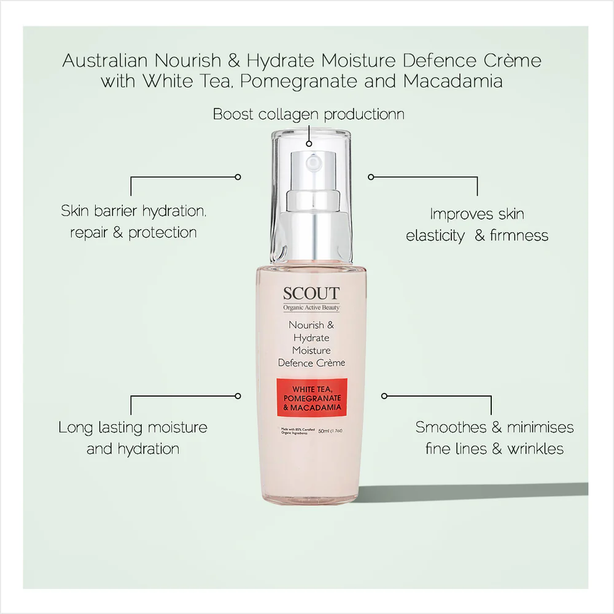 SCOUT Organic Active Beauty Nourish & Hydrate Moisture Defense Moisturizer Creme With White Tea, Pomegranate And Macadamia