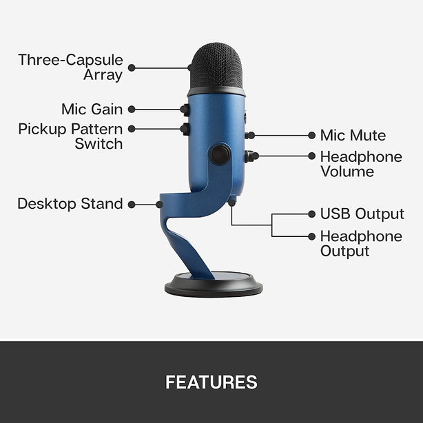 Logitech For Creators Blue Yeti USB Microphone for Recording, Streaming, Gaming, Podcasting on PC and Mac, Condenser Mic for Laptop or Computer with Blue VO!CE Effects, Adjustable Stand, Plug and Play