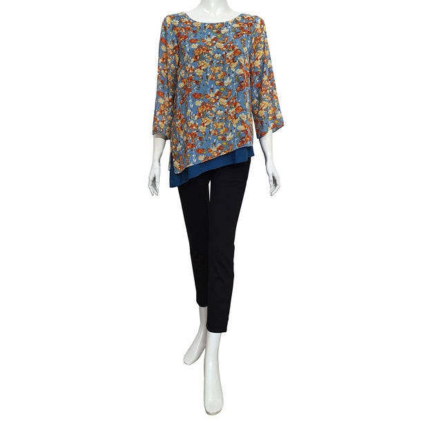 Joan Allen Floral Chiffon Asymmetric Blouse in Peacock Blue