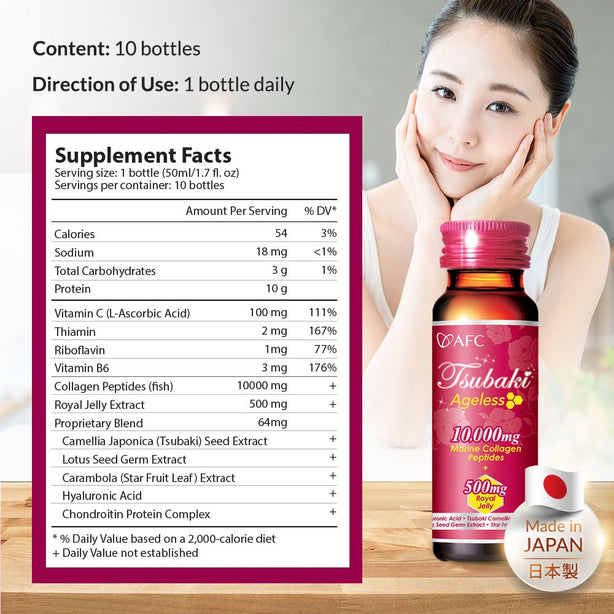 AFC Tsubaki Ageless Collagen Drink Royal Jelly Anti Aging Radiant Hydrated Skin