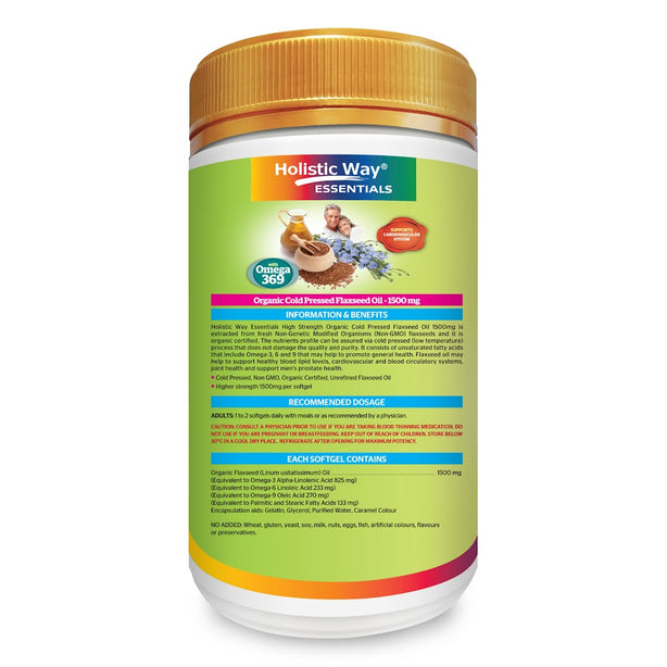 Holistic Way Essentials High Strength Organic Cold Pressed Flaxseed Oil 1500mg (240 Softgels)