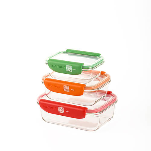 Mastrad 3 Pcs Borosilicate Glass Rectangle Storage Box With Pp Lid Set, -20¬∞C To +400¬∞C, Xs To M, Assorted Colours, Stor'Eat